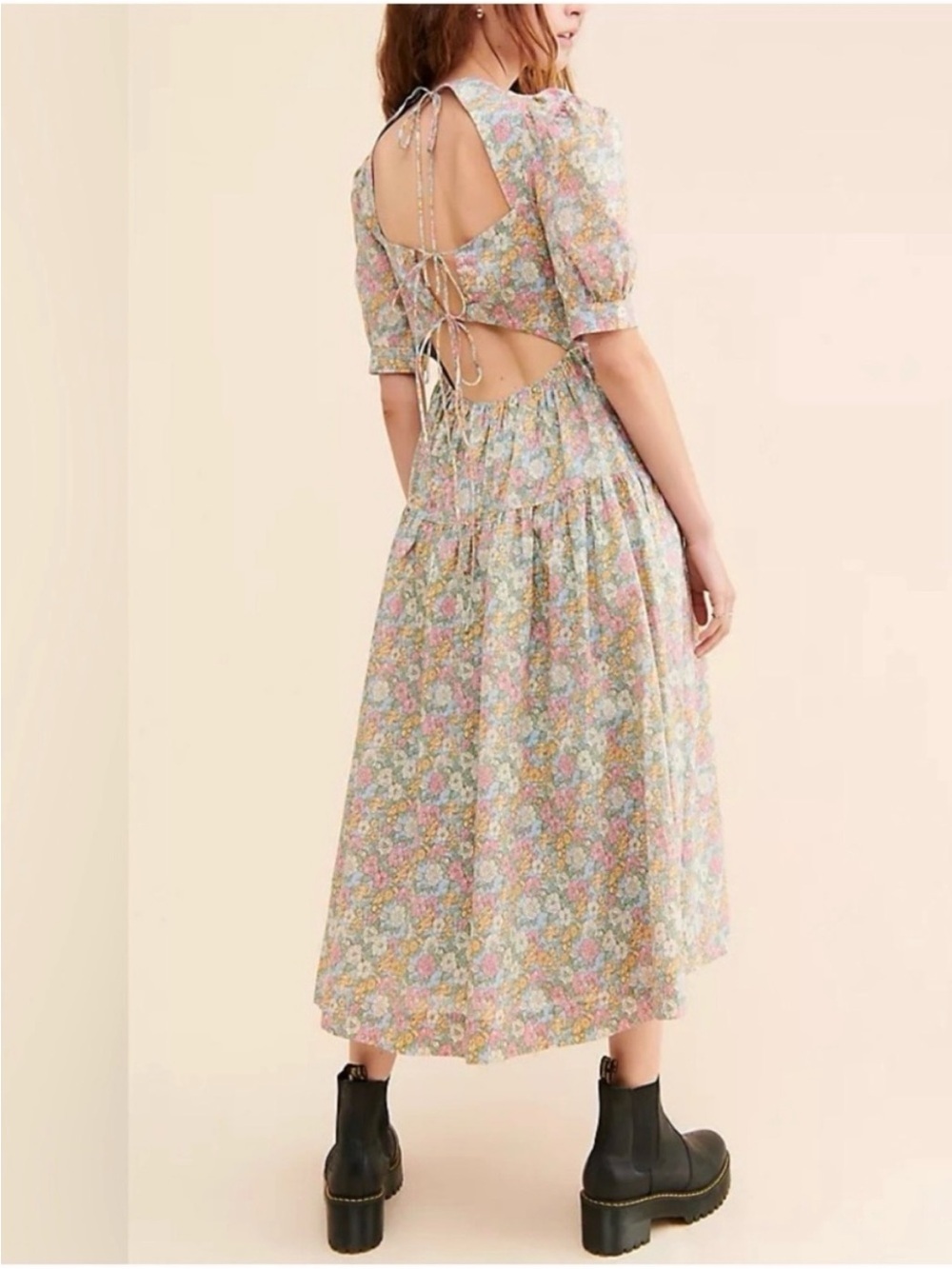 En Saison Free People Pastel Floral Open-Back Midi Dress